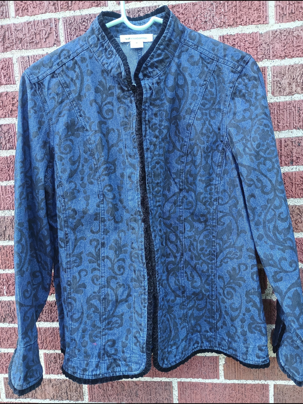Liz Claiborne Blue Paisley Print Mock High Neck Denim Jacket